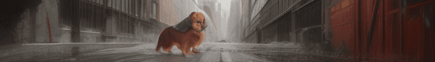 AI generated: dachshund dog, red, one eye blue, the other brown, wearing large Marshall headphones, a red down jac...