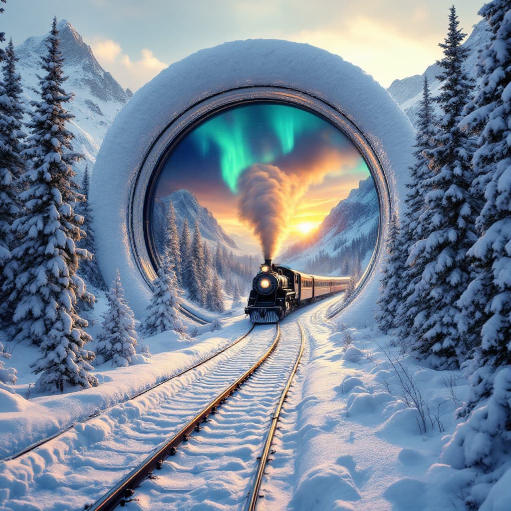 AI generated: Hyper realistic eye level exterior photLarge, snow-covered camera lens encompassing a winter landsca...