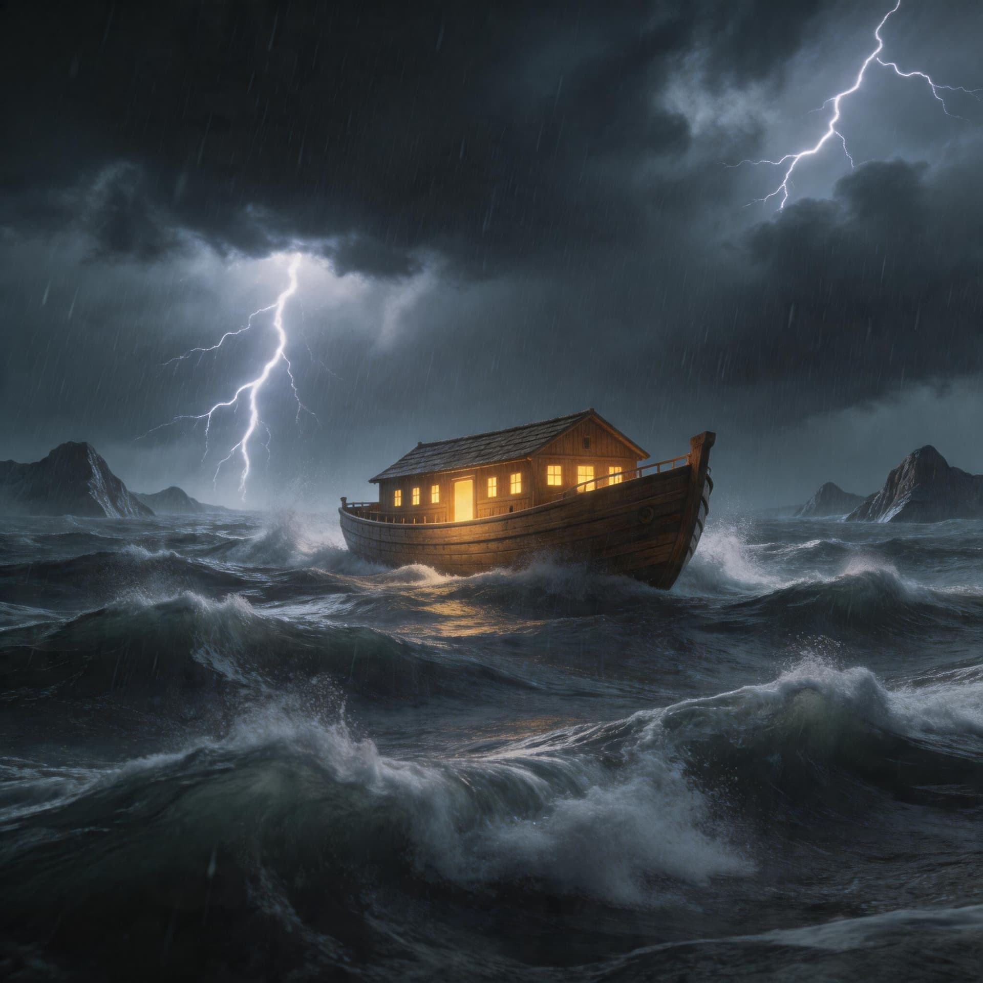 AI generated: Noah’s Ark in the Flood
Noah’s ark riding enormous waves during the great flood, torrential rain, li...