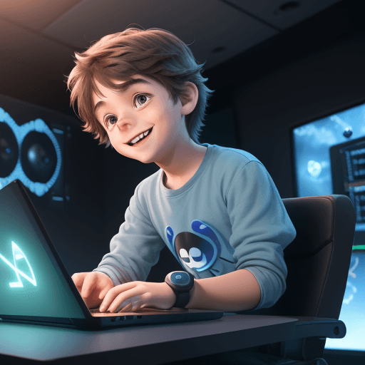 AI generated: cute, adorable, smiling boy boy coding in front of laptop , functions and parts of code flying all a...