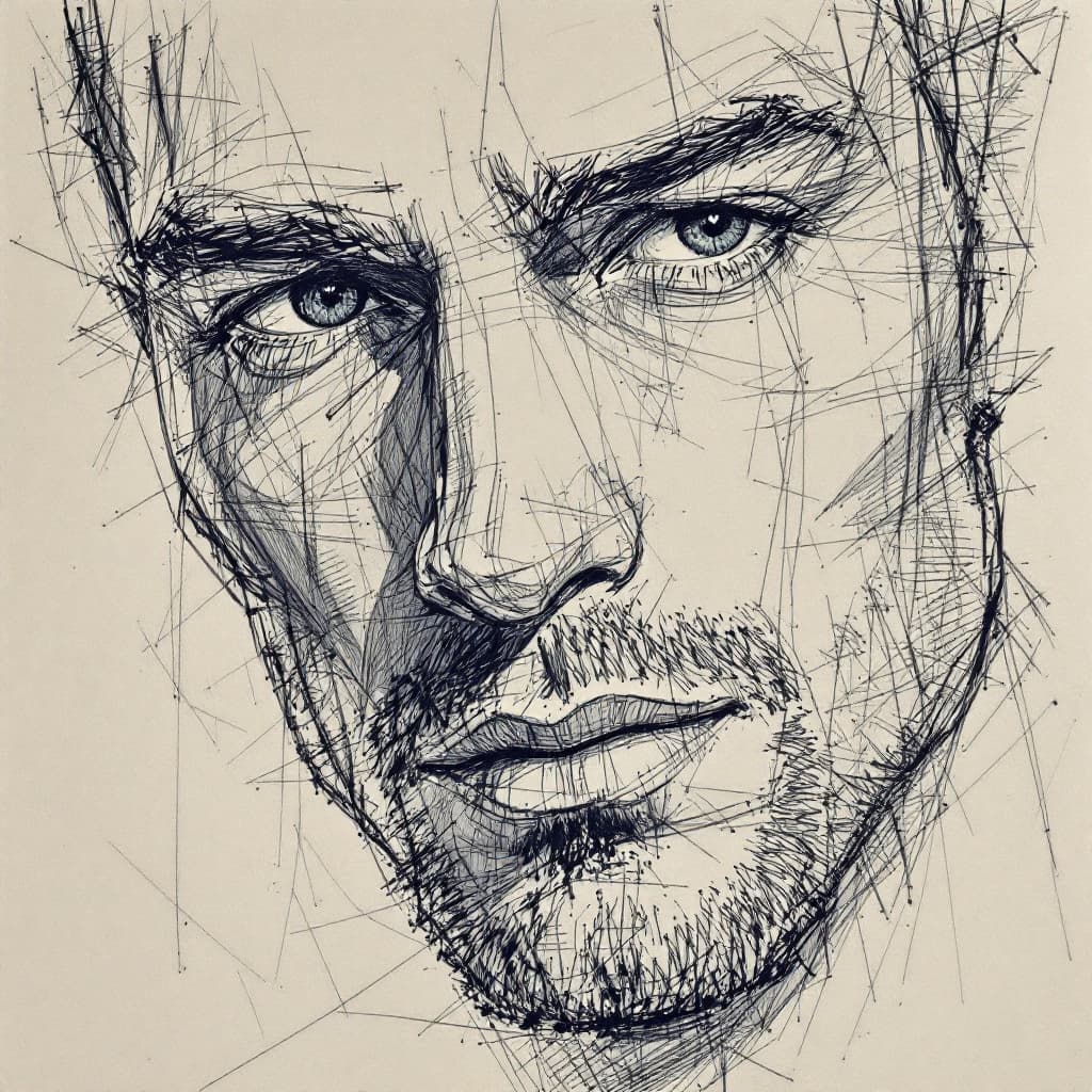 AI generated: sketch of a man's face, expressive line-work, in the style of beautiful portraits --ar 35:64 --styli...