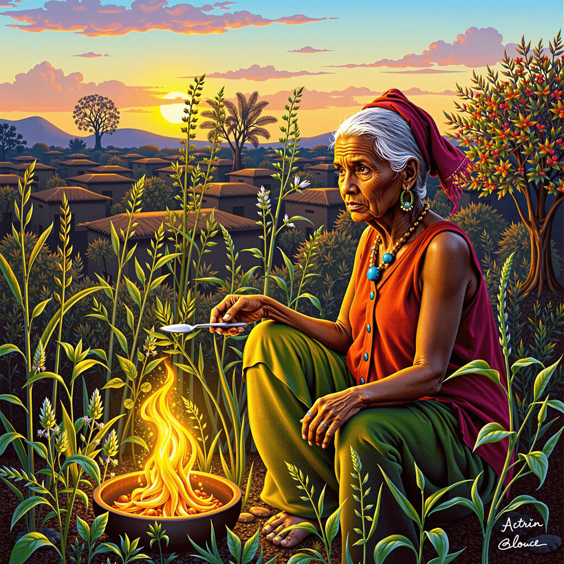 AI generated: An elderly African herbalist saving a village with ancient wisdom, glowing plants around her, warm s...