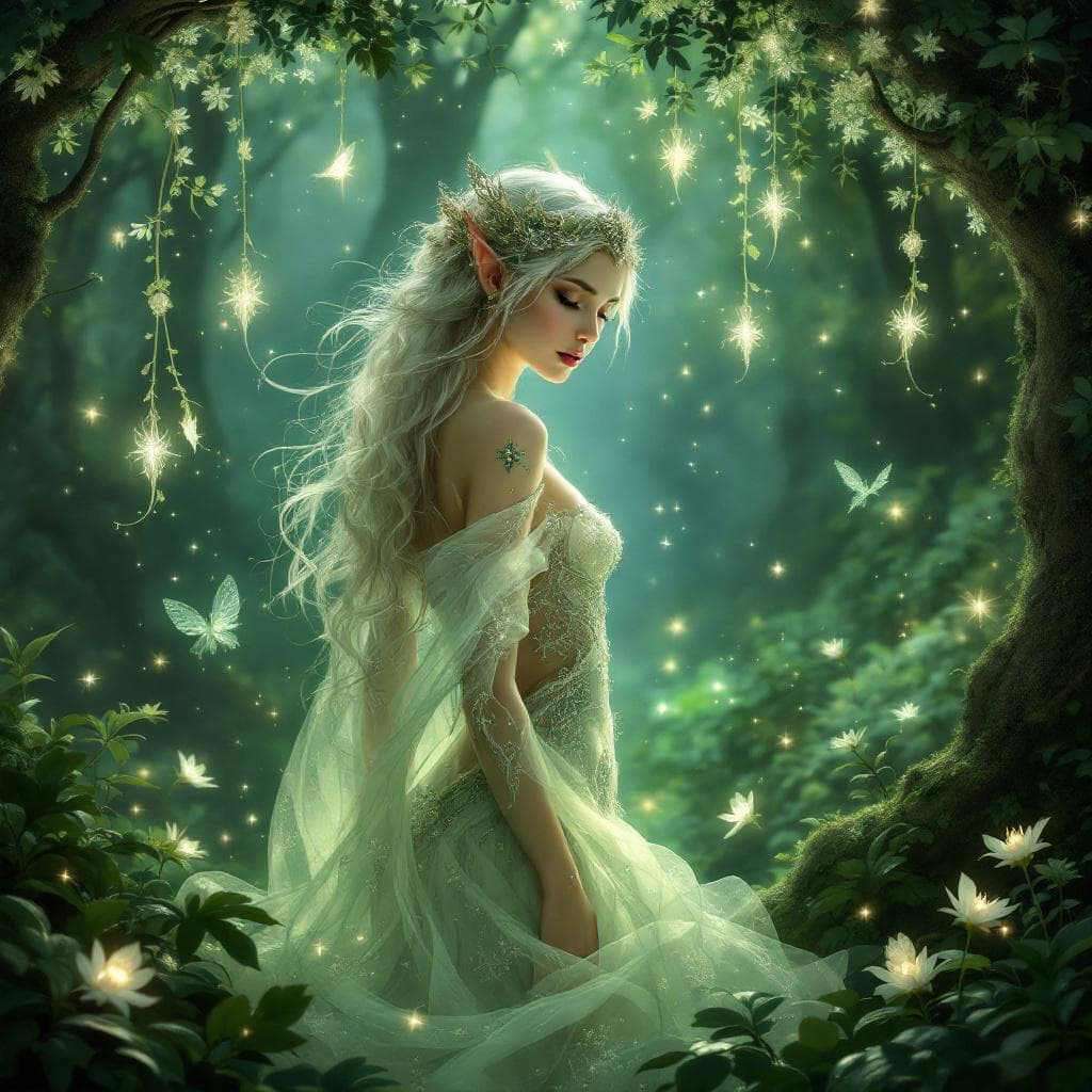 AI generated: elven fantasy, ethereal light, mystical forest, glowing foliage, art nouveau influence, silver and e...