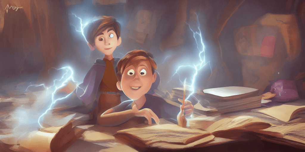 AI generated: a young boy mage with a brown cloak and brown hair is standing at his desk working on a new spell, c...