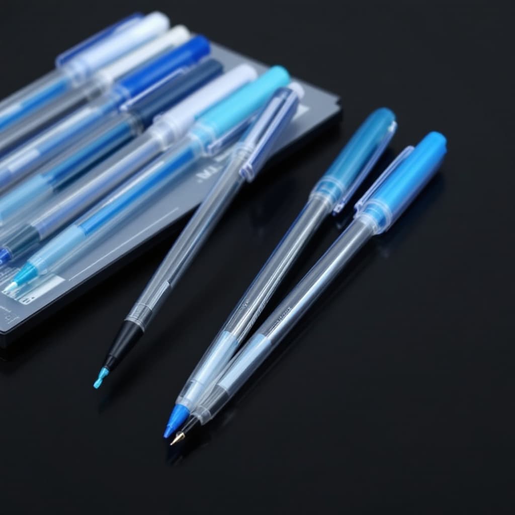 AI generated: draw ONLY blue gel pens 5pcs of office space brand with transparent body