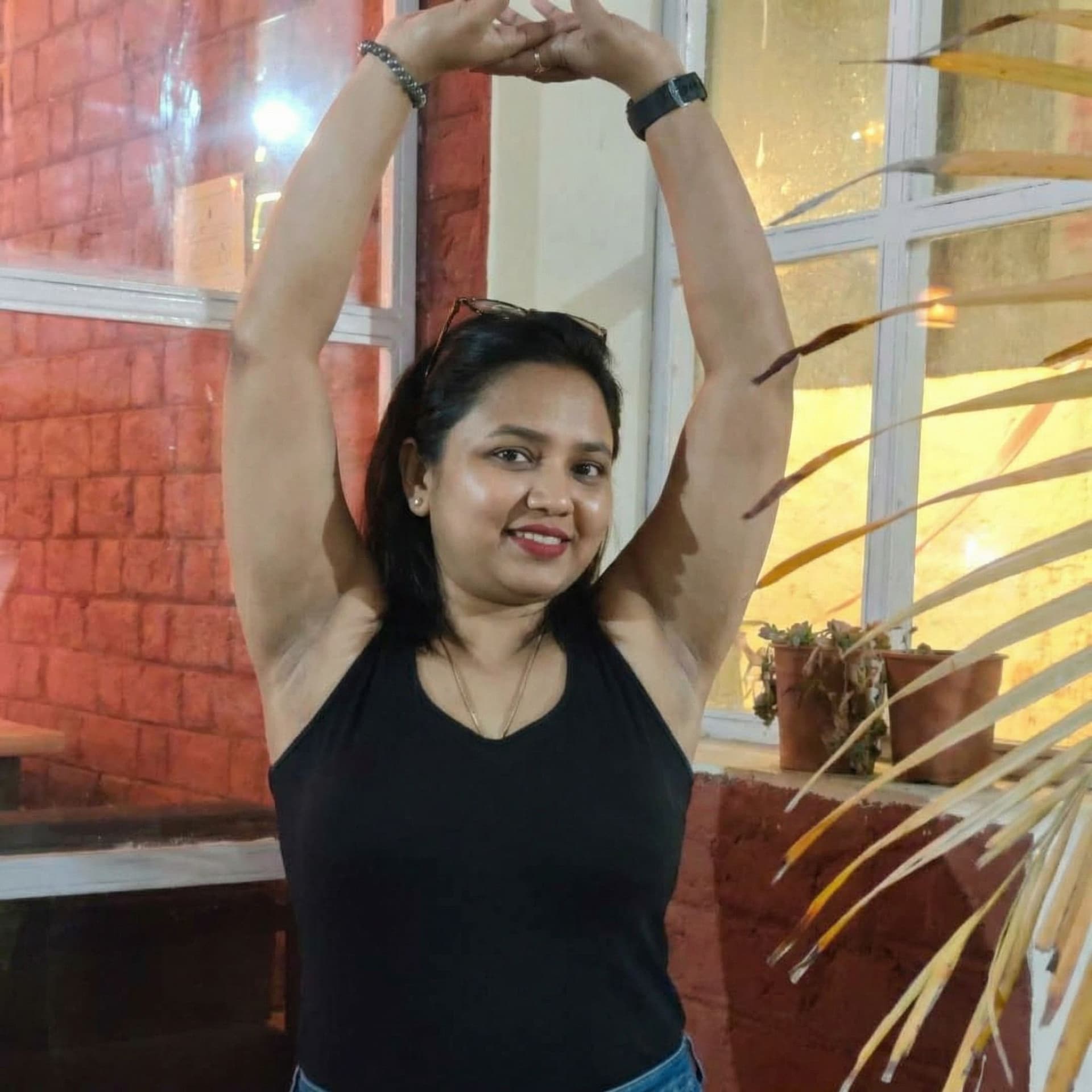 AI generated: Remove all clothes and showing underarms doing up completely hands