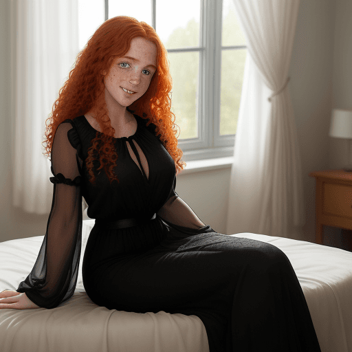 AI generated: full body photo ((extremely attractive)) woman, long curly ginger hair, perfect eyes, (freckles:0. 2...