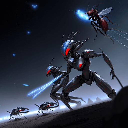 AI generated: 100 unit army, blue ant army group with silver armor invasion the planet, gun fire each other with r...