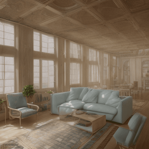 AI generated: High resolution photography interior design, dreamy sunken living room conversation pit, wooden floo...