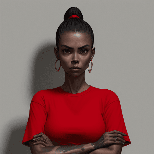 AI generated: a woman in red shirt, marcada colo "Luz Negra",  with her arms folded against , in the style of tatt...