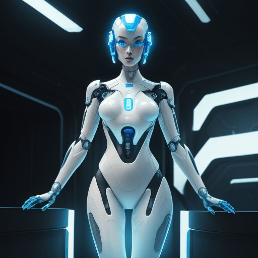 AI generated: robot face :: futurism, cyborg, futuristic latex space suit with transparent luminous tubes, mechani...