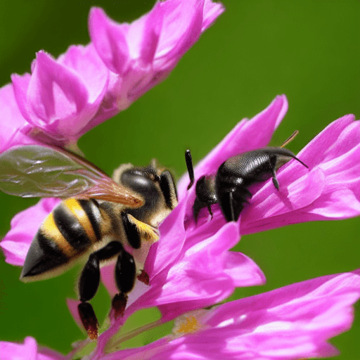 AI generated: A close-up of a purple bee pollinating a flower. The bee is covered in pollen, and its wings are bea...
