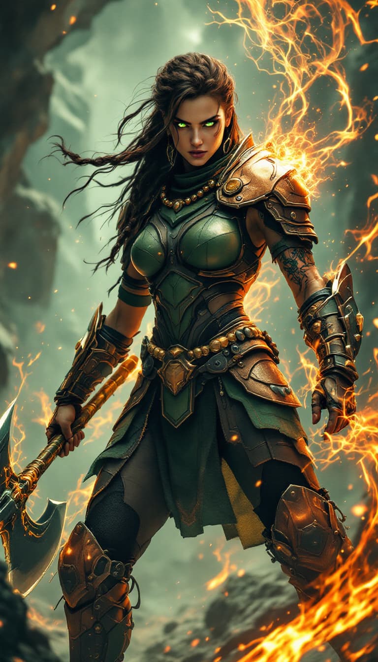 AI generated: An ultra-realistic, full-body action shot of an imposing copper warrior woman, radiating strength an...