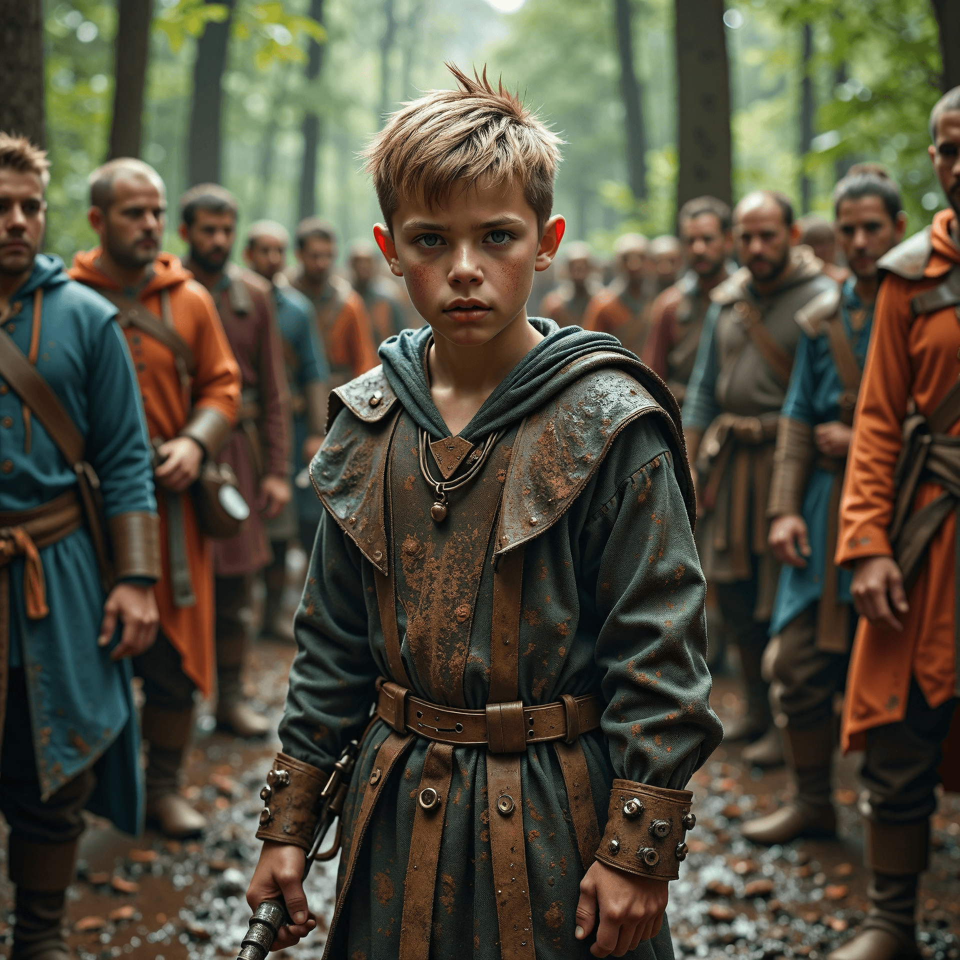 AI generated: Young boy viking warrior in the woods striking a dramatic pose, (The boy is covered in mud, dirt and...