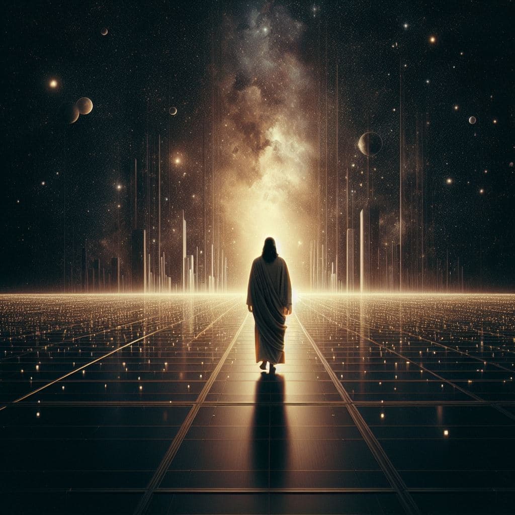 AI generated: a matte painting of a a jesus standing in front of a black background by emiliano ponzi, james gille...