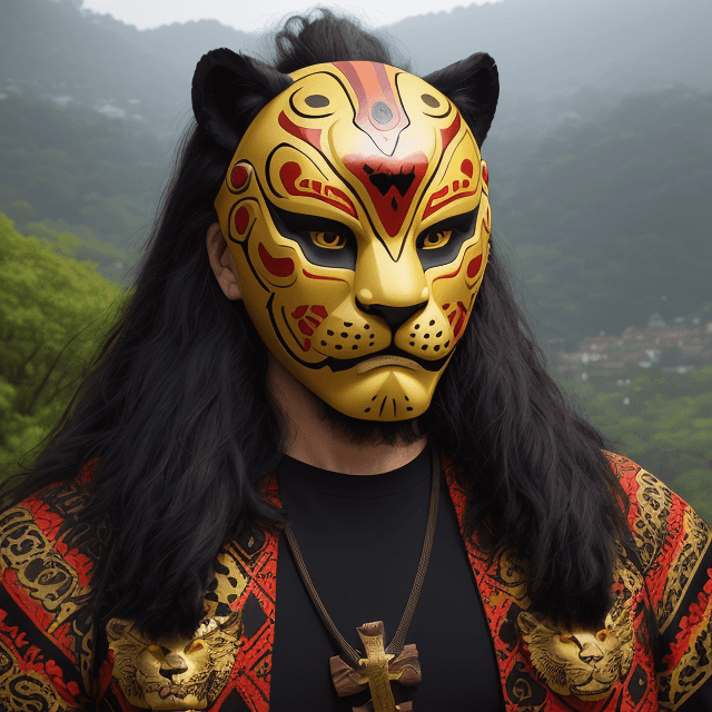 AI generated: man with jaguar warrior helmet mask with jaguar-style and abundant hair, wooden mask, fine wood deta...