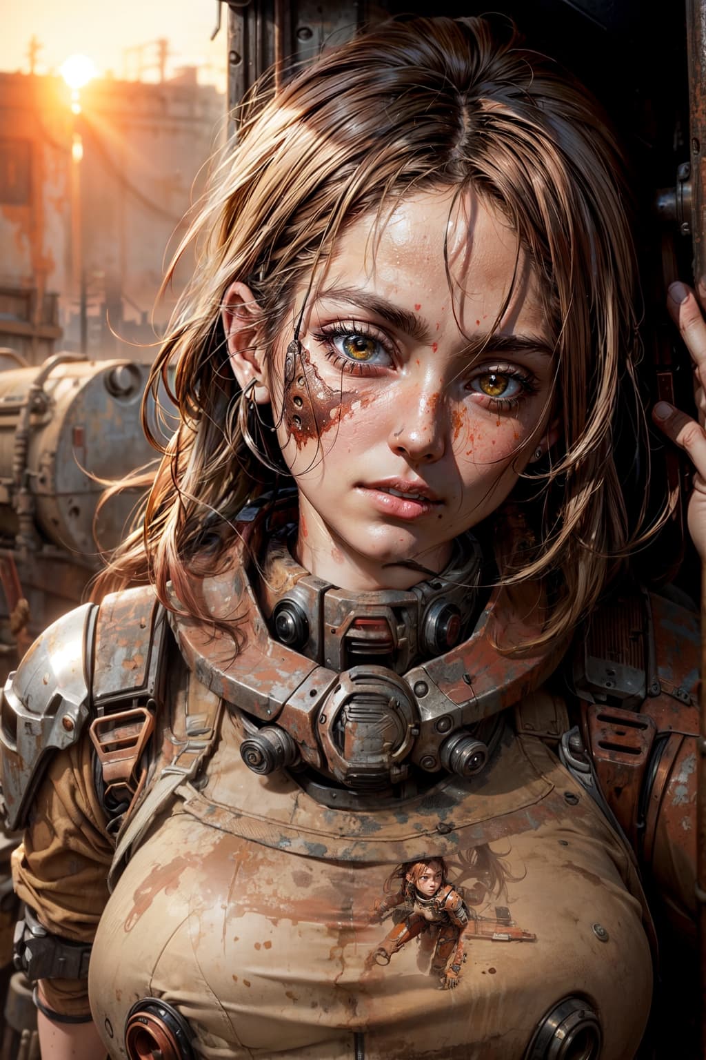AI generated: realistic photo modelshoot style, (detailed face), (woman waifu in a cramped rusty hydraulic mech ex...