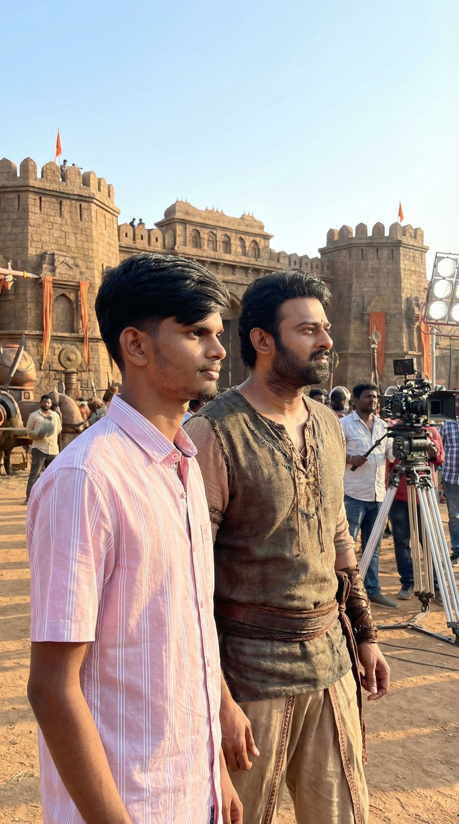 AI generated: Create a image  hero with rebel star prabhas filim star in(hydrabad ramuji filim city) and don't cha...