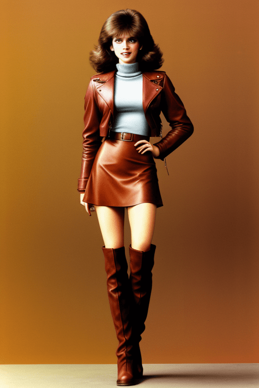 AI generated: Brunette 1980's era model in red brownisch clothes with skirt and leatherjacket and visable decolte ...
