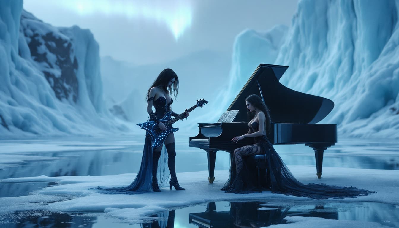 AI generated: The gothic guitarist and pianist both with big breasts perform a haunting duet on a frozen lake surr...