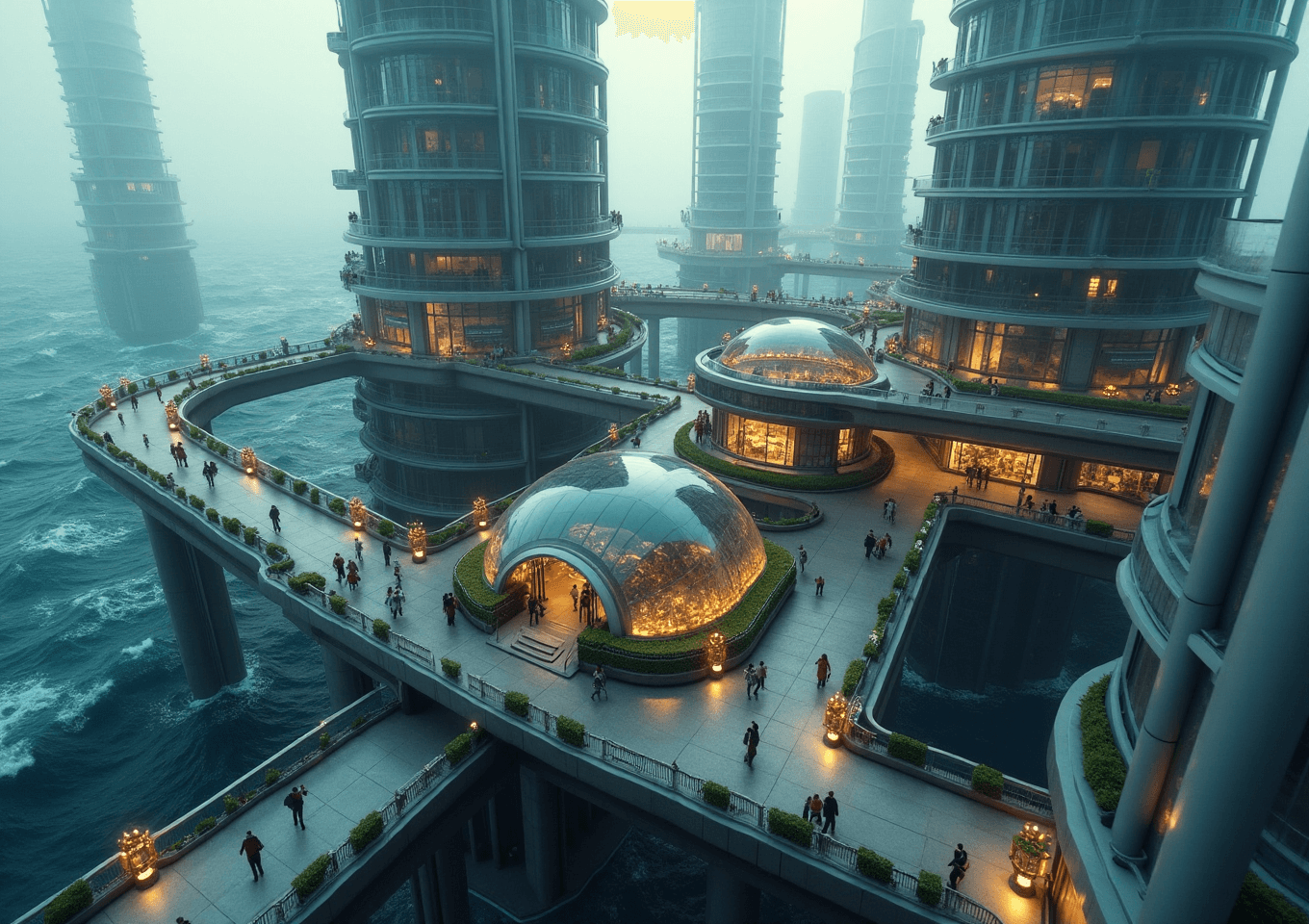 AI generated: First-person-view of a futuristic, floating city in the middle of a raging ocean with high waves. Se...