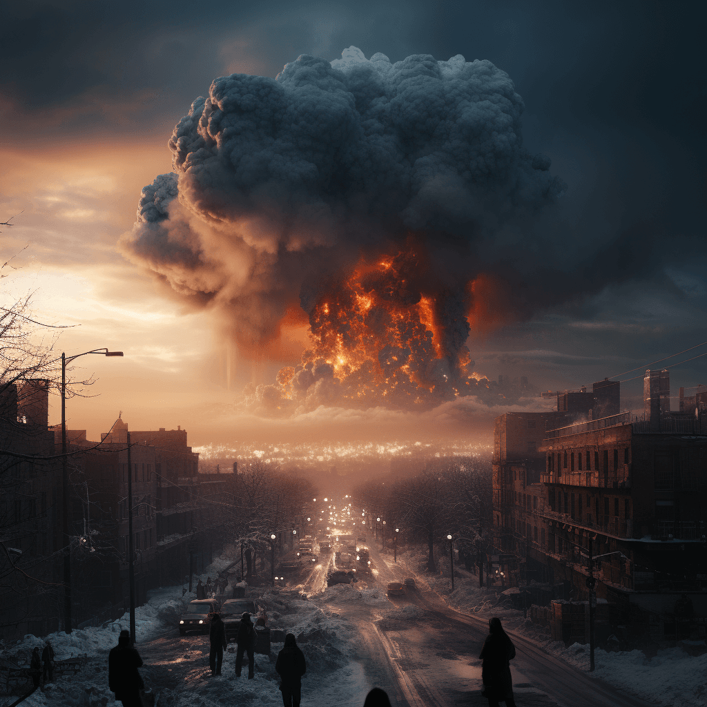AI generated: mushroom cloud explosion on city, wast, highly complex, ultra hd, realistic, vivid colors, highly de...