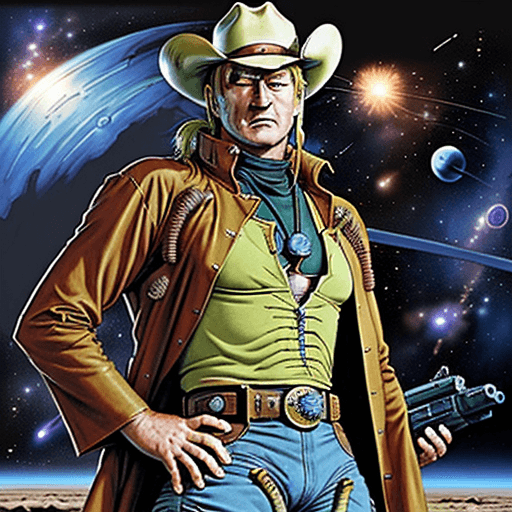 AI generated: John Wayne as an anime space cowboy like from Cowboy Bebop or Trigun:: space western theme:: western...