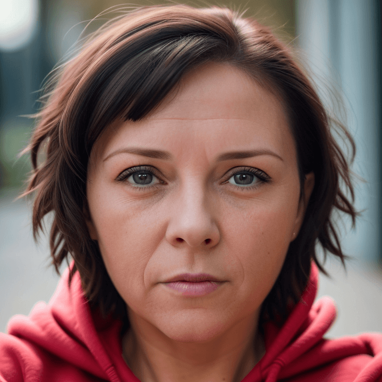 AI generated: hyper realistic headshot photo of a 40 year old woman, wearing a hoodie, short hair,  looking into t...