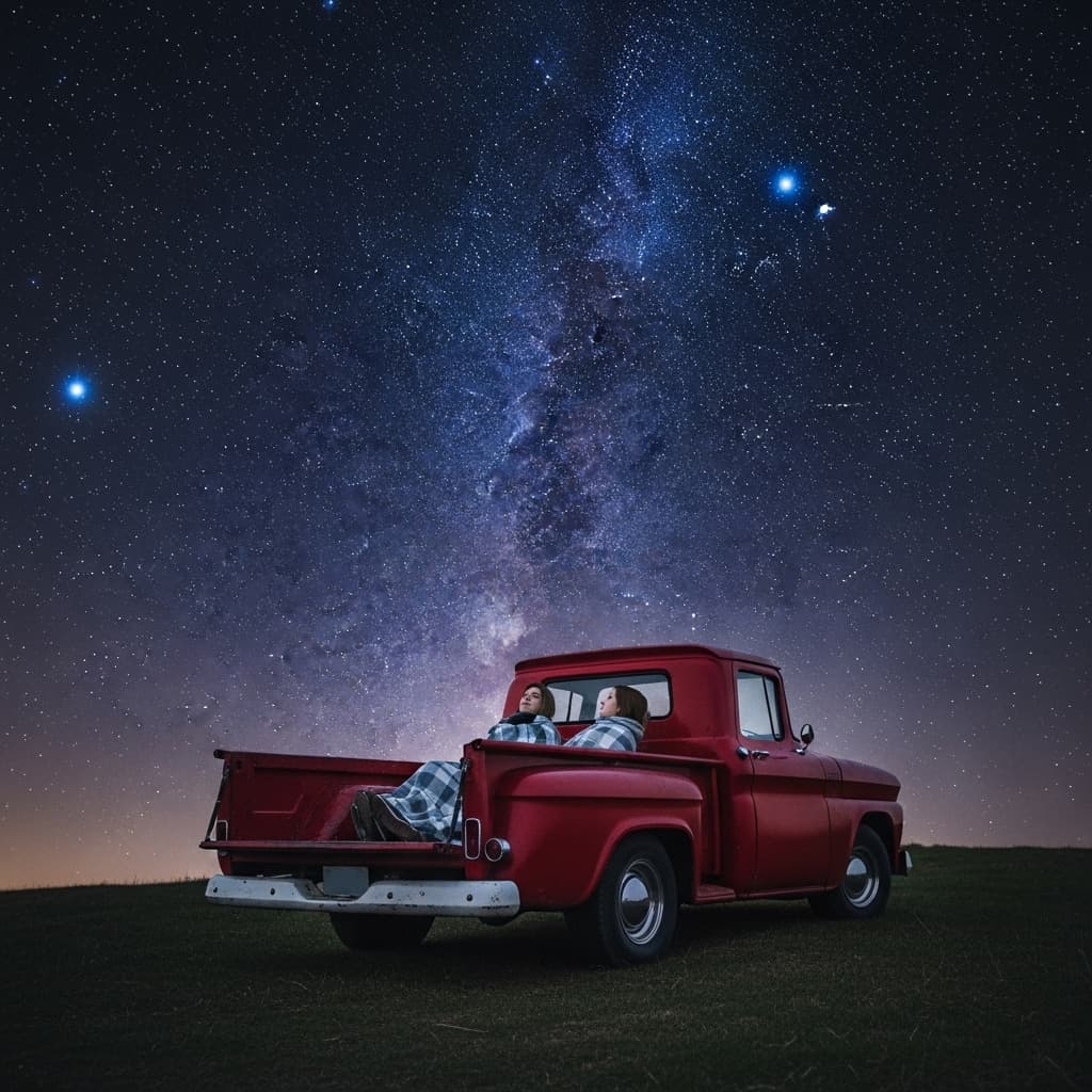 AI generated: A vintage red pickup truck sits on a quiet grassy hill beneath a breathtaking night sky. Two people ...