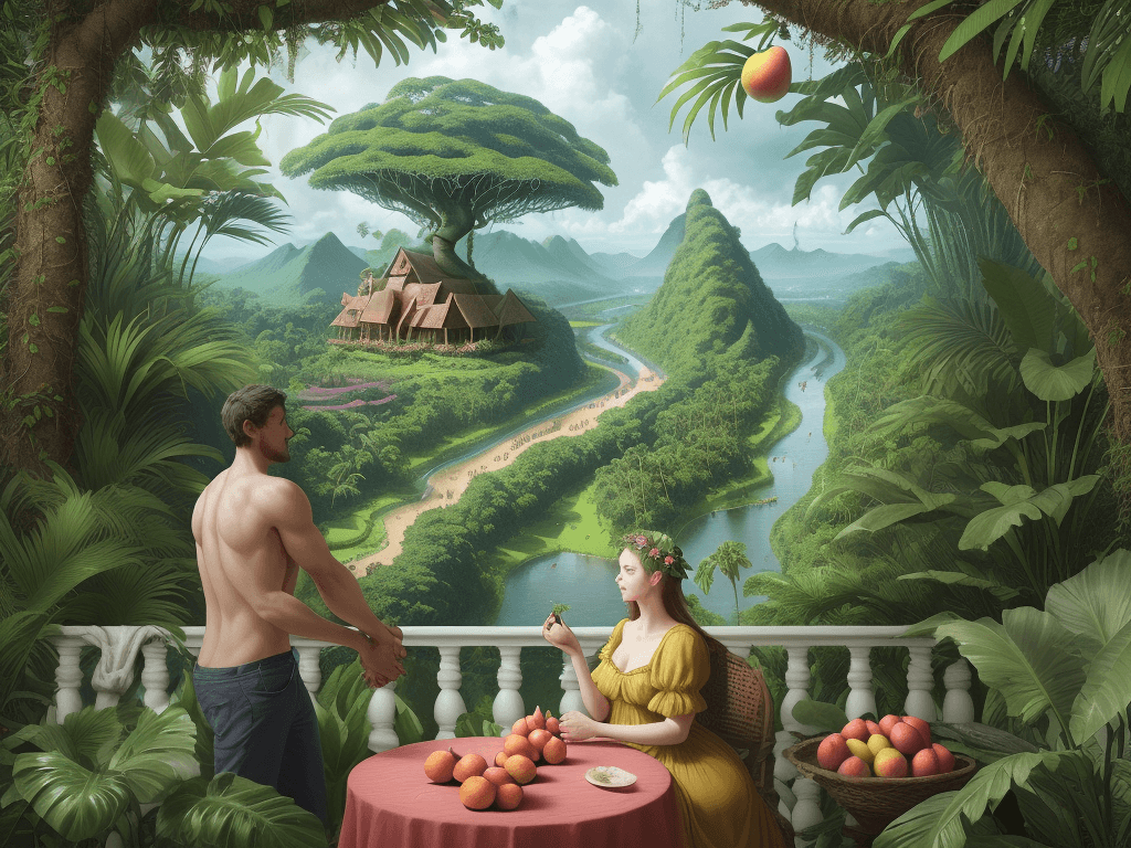 AI generated: (from left to right) a woman's arm reaches across with a fruit in hand to the open hand from a man r...