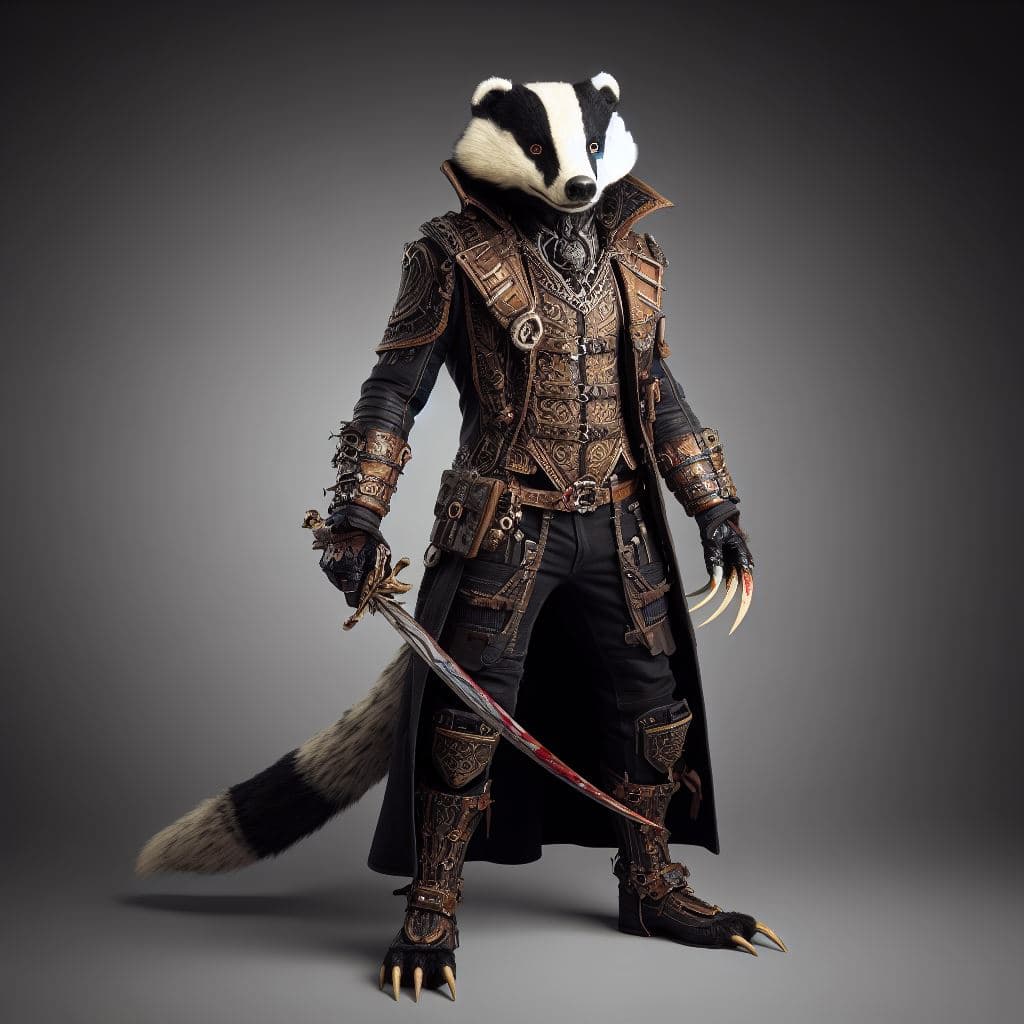 AI generated: full body photograph of an anthropomorphic badger dressed as a vampire hunter in full intricate clot...