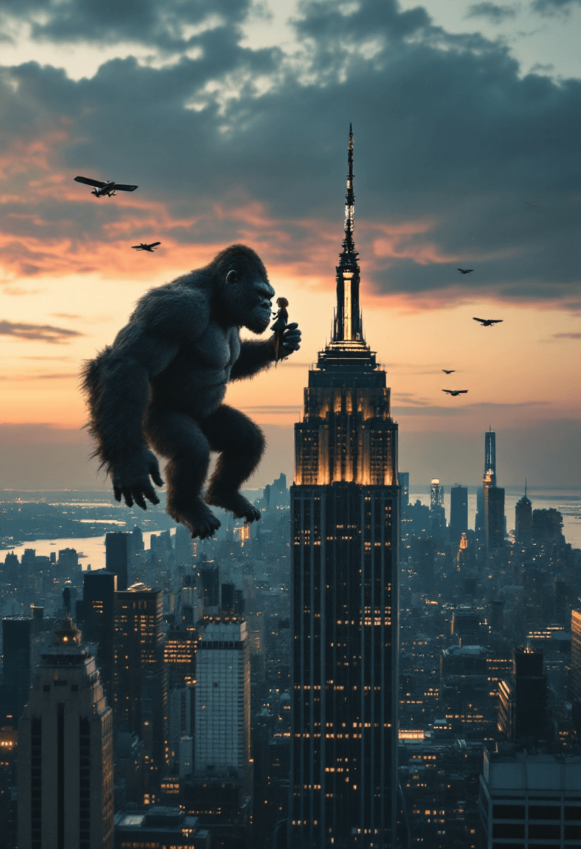 AI generated: An 8K, high resolution masterpiece image of King Kong at the top of the Empire State Building at dus...