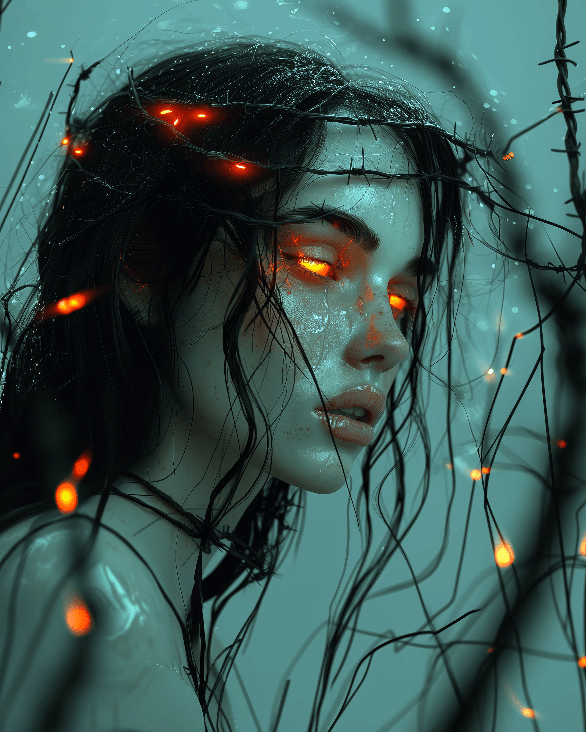 AI generated: An image of a female with crown of barbed wire and a glow orange, in the style of speedpainting, dar...