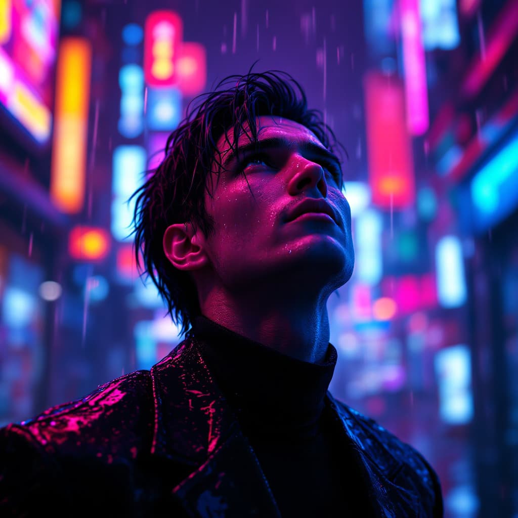 AI generated: cyberpunk men with black hair looking up, raining, wearing a black suit, neon lights, vivid lights, ...