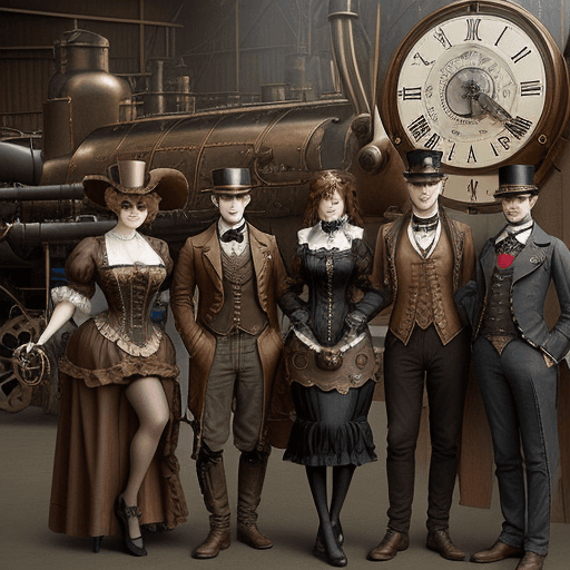 AI generated: Steampunk Characters: A group of cosplayers dressed in Victorian costumes with mechanical details, s...