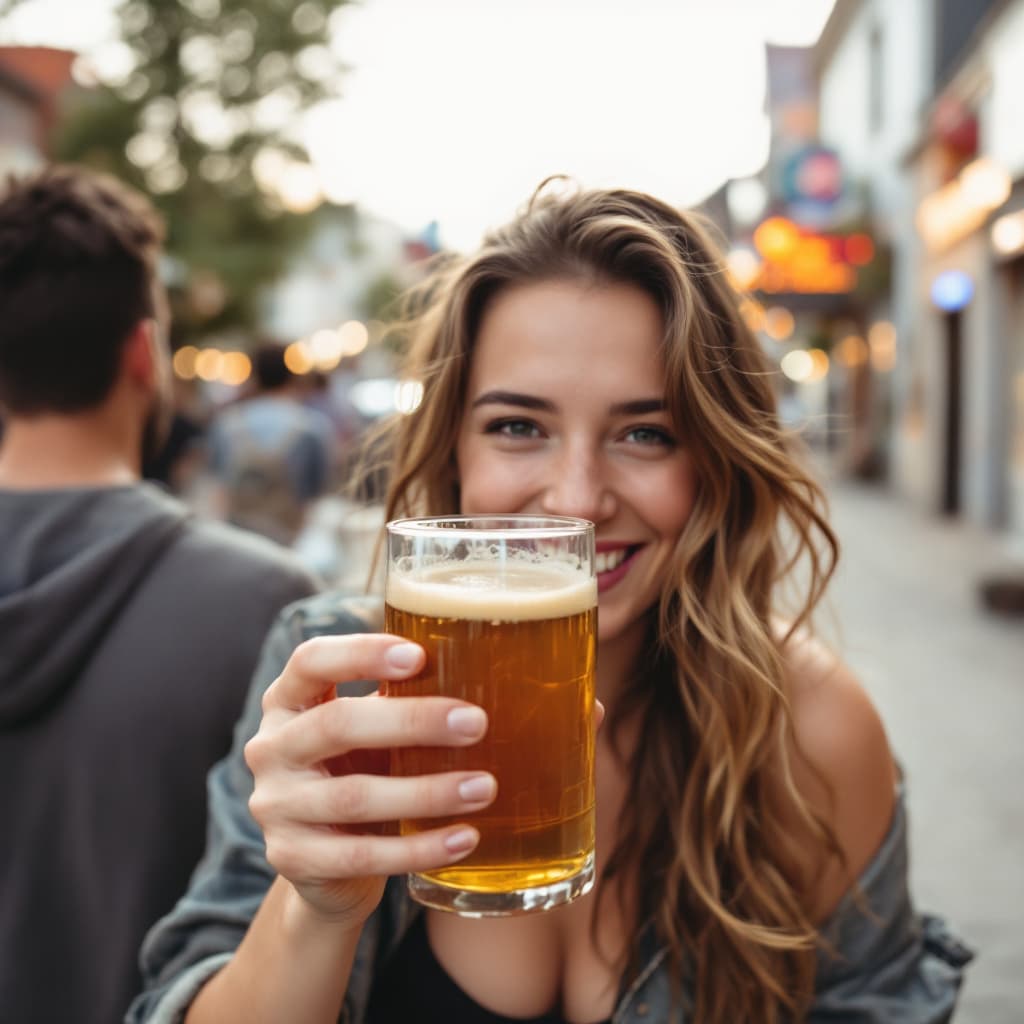 AI generated: Low Quality snapchat Photo of a German Girl that enjoys a beer 