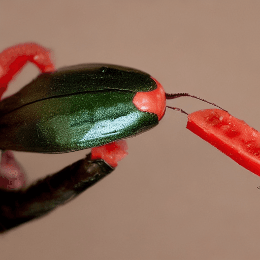 AI generated: Un insecto palo encima de un tomate y mientras se está comiendo una fresa