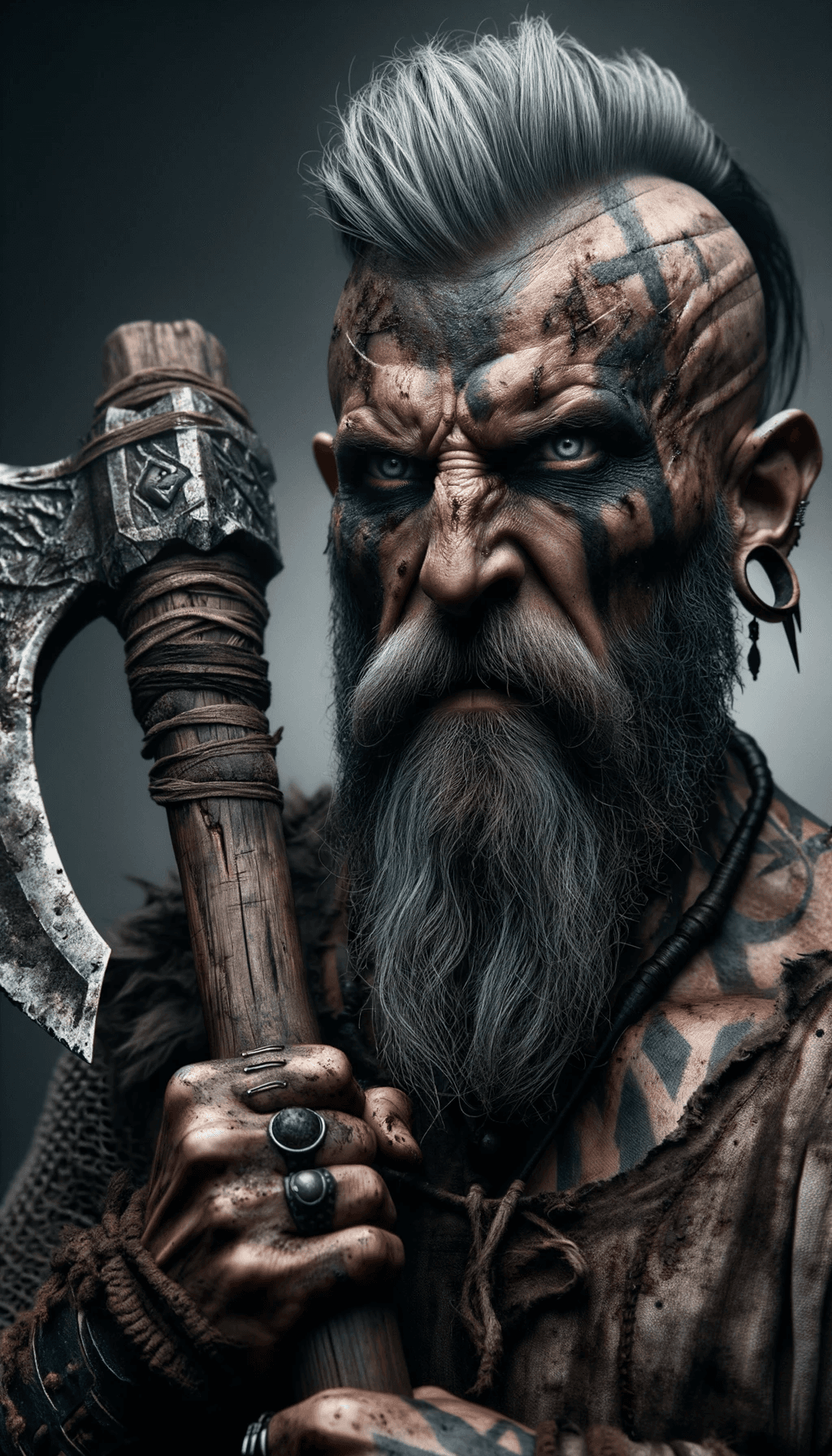 AI generated: Photo of an ultra-detailed close-up of a Viking's upper body and face holding a battle axe. The Viki...