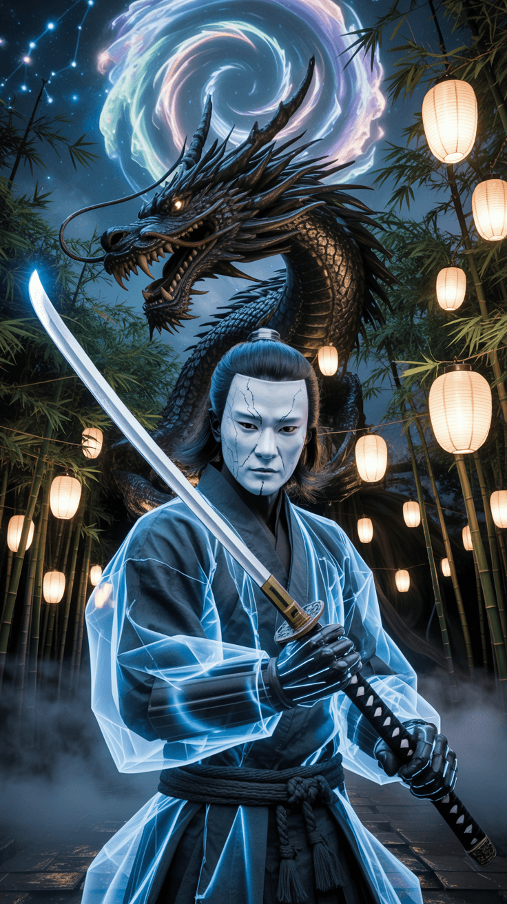 AI generated: surreal japanese ghost samurai, giant creature black dragon, glowing lanterns, mystical night sky, a...
