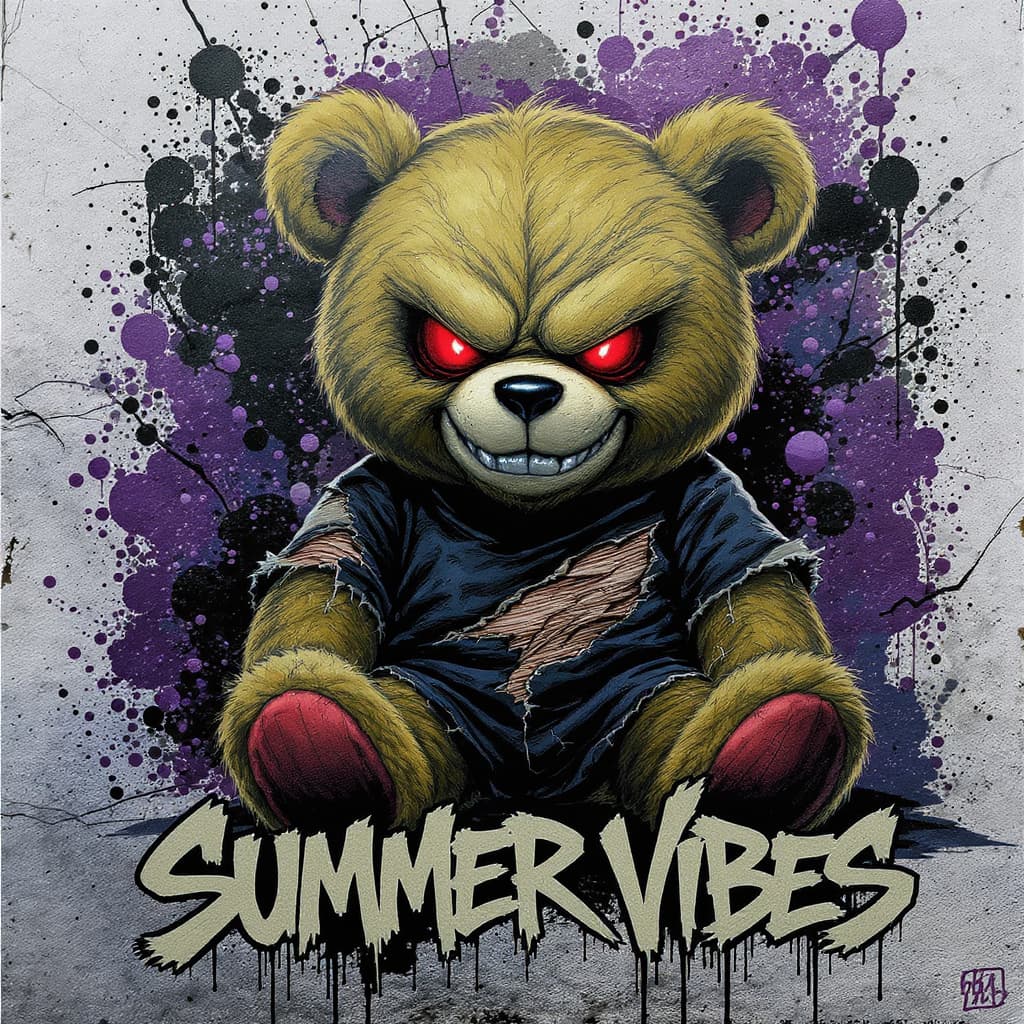 AI generated: Ultra detailed dark urban graffiti illustration of a sinister teddy bear, sitting front-facing, gold...