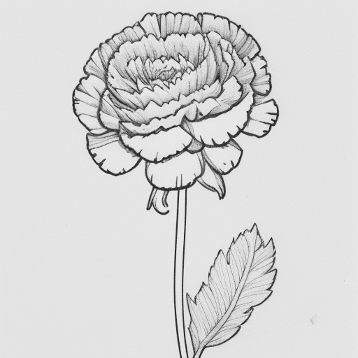 AI generated:  Very minimalistic one line art outline drawing of a carnation with leaves and long stem, hand drawn...