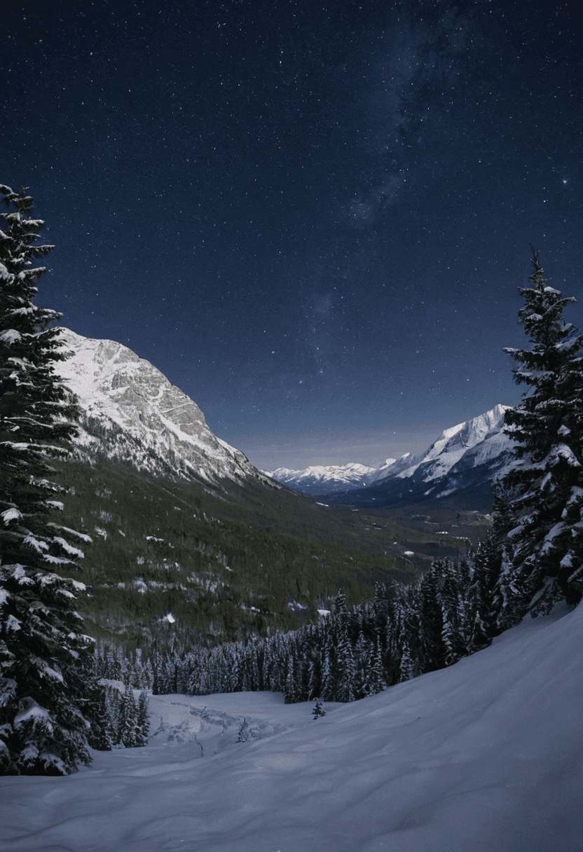 AI generated: A serene mountain valley, covered in a thick blanket of snow, with evergreen trees stretching up to ...