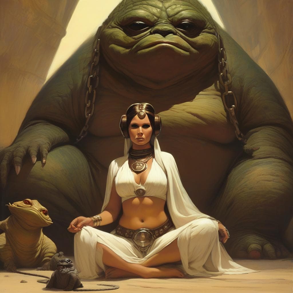 AI generated: (submissive Princess Leia as a harem slave in chains, 1.3) of (Jabba the Hutt, 1.8), style of Frank ...