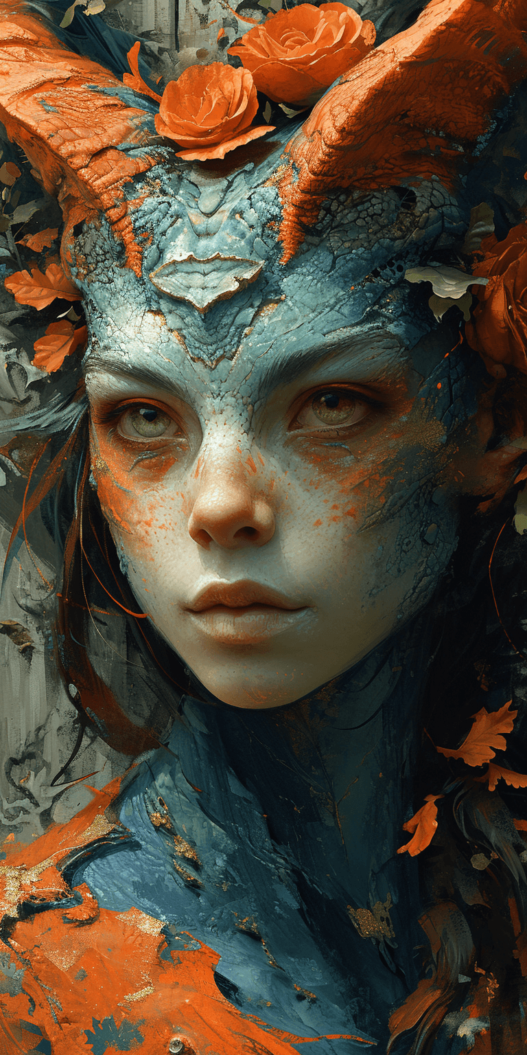 AI generated: alien art and illustration, in the style of balanced symmetry, light orange and cyan, detailed facia...
