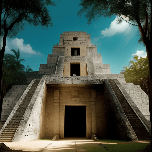AI generated: the entrance of mayan land, ornate, beautiful, weapons, lush, nature, low angle, --ar 9:16 --q 2