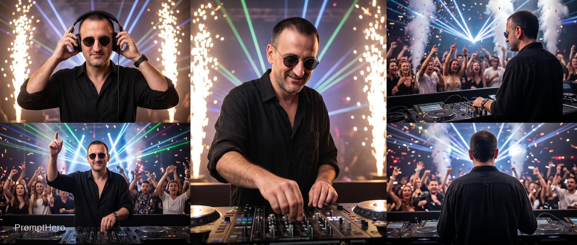 AI generated: Ultra-realistic 8K cinematic DJ performance shot, hyper-detailed, photorealistic, professional live ...