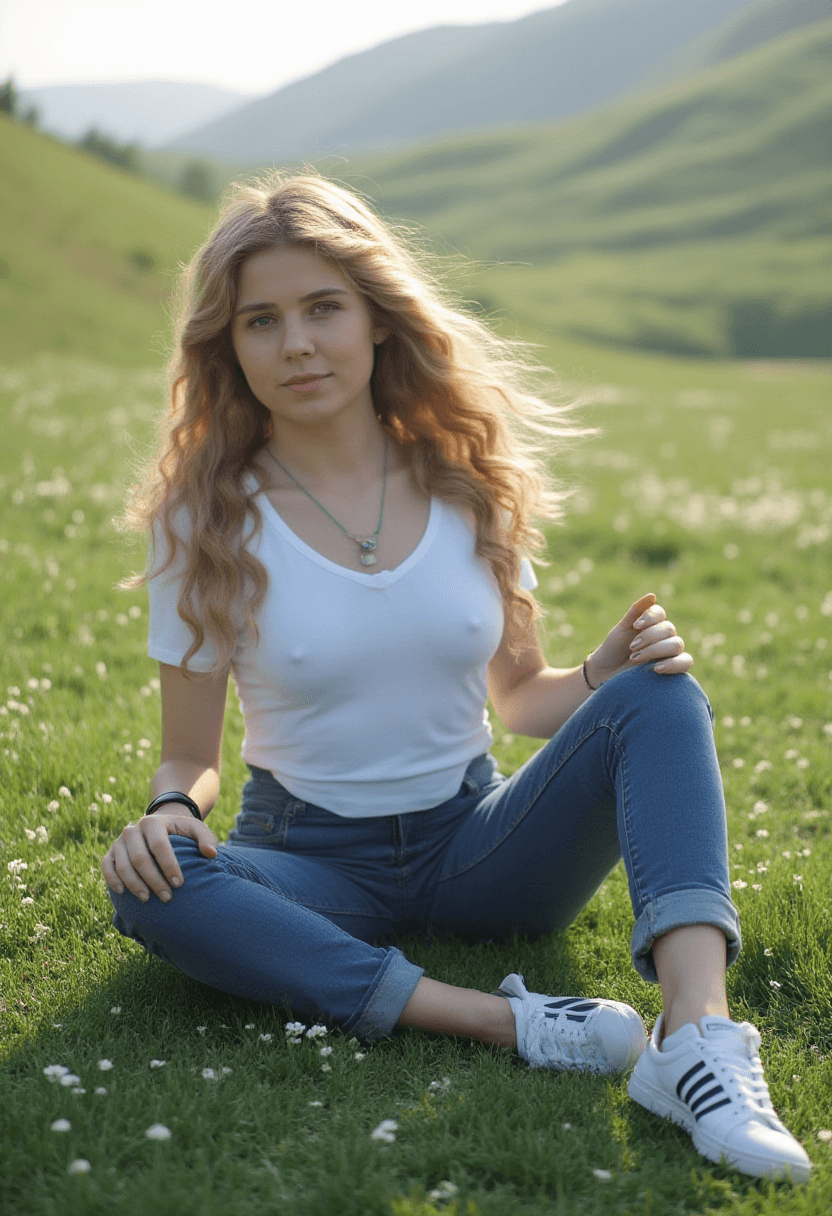 AI generated: A fit adult female with long, wavy blonde hair is sitting cross-legged on a grassy field dotted with...