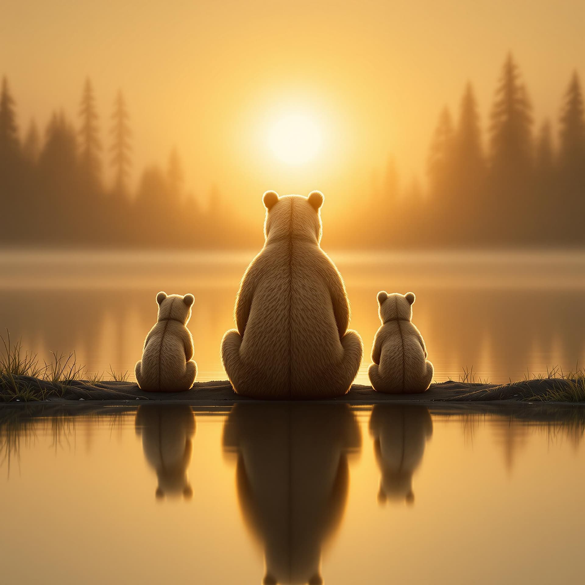 AI generated: This serene image depicts a family of brown bears at the edge of a tranquil body of water during wha...