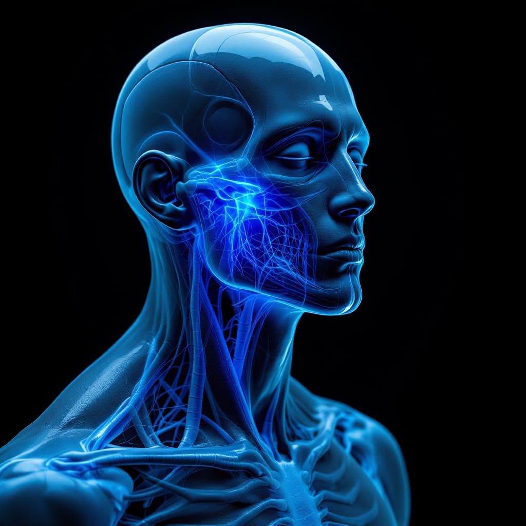 AI generated: Create an extremely photorealistic and surreal human body anatomy modell. Blue ligt in his nerves