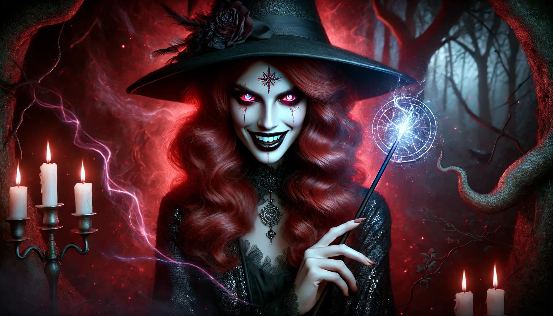AI generated: Image is a digital fantasy artwork featuring a witch with striking features. The subject is a woman ...